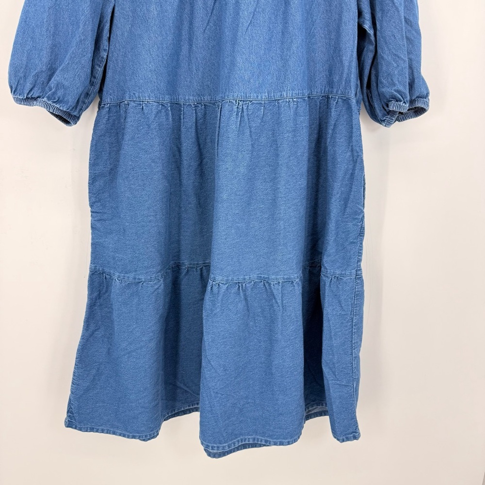 The Vermont Country Store Denim Tiered Midi Muumuu‎ Dress Pockets L Prairie Boho - Picture 4 of 13